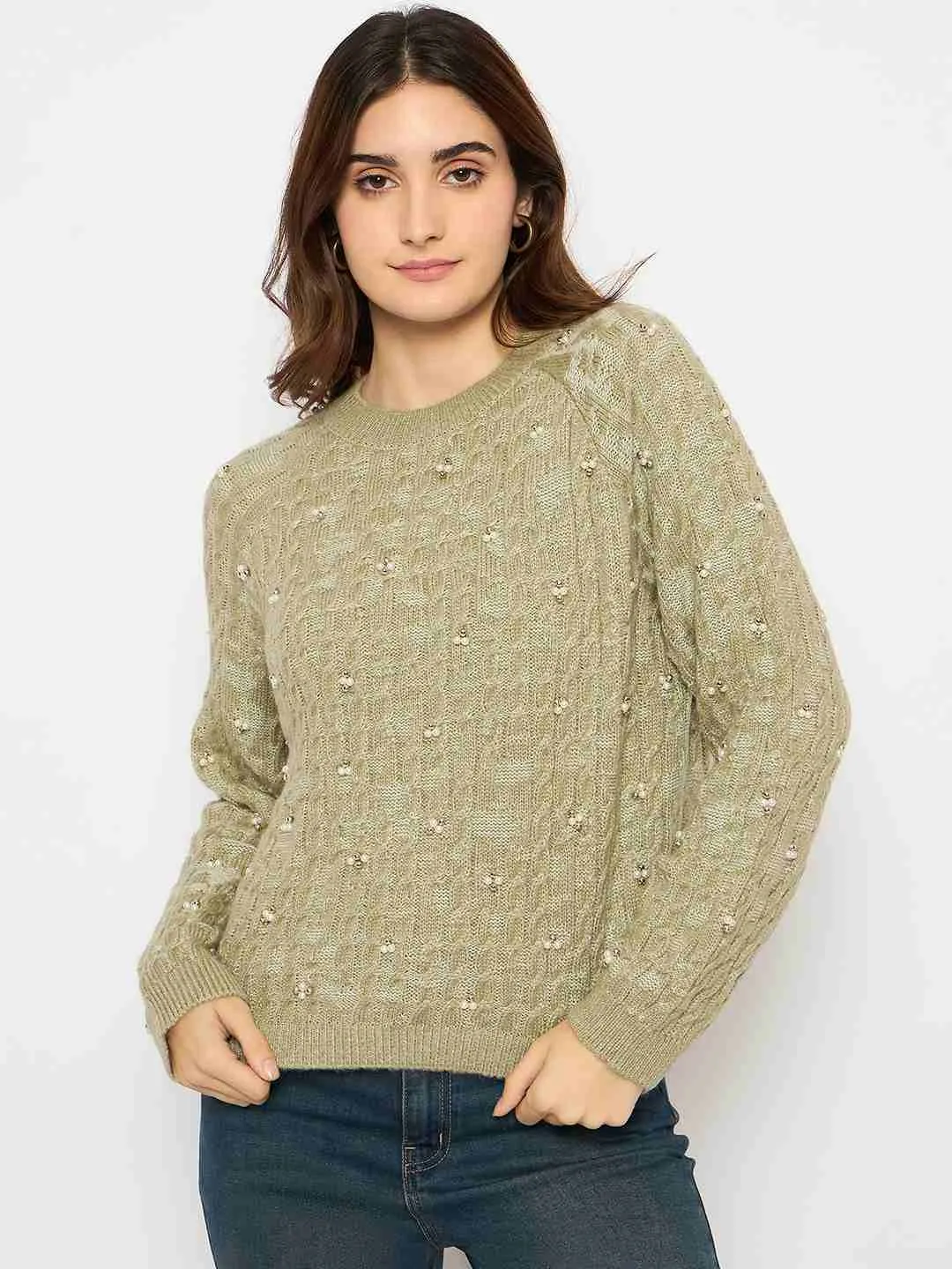Roomy Pockets Chill Mode Madame Cable Knit Pearl Embellished Green Sweater