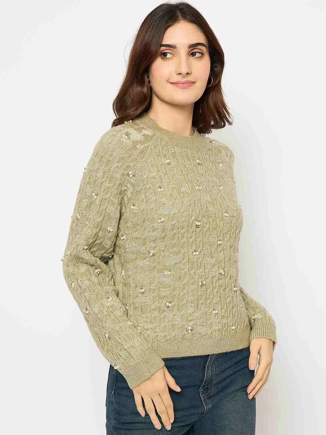 Simple Look Relaxed Wearable Madame Cable Knit Pearl Embellished Green Sweater