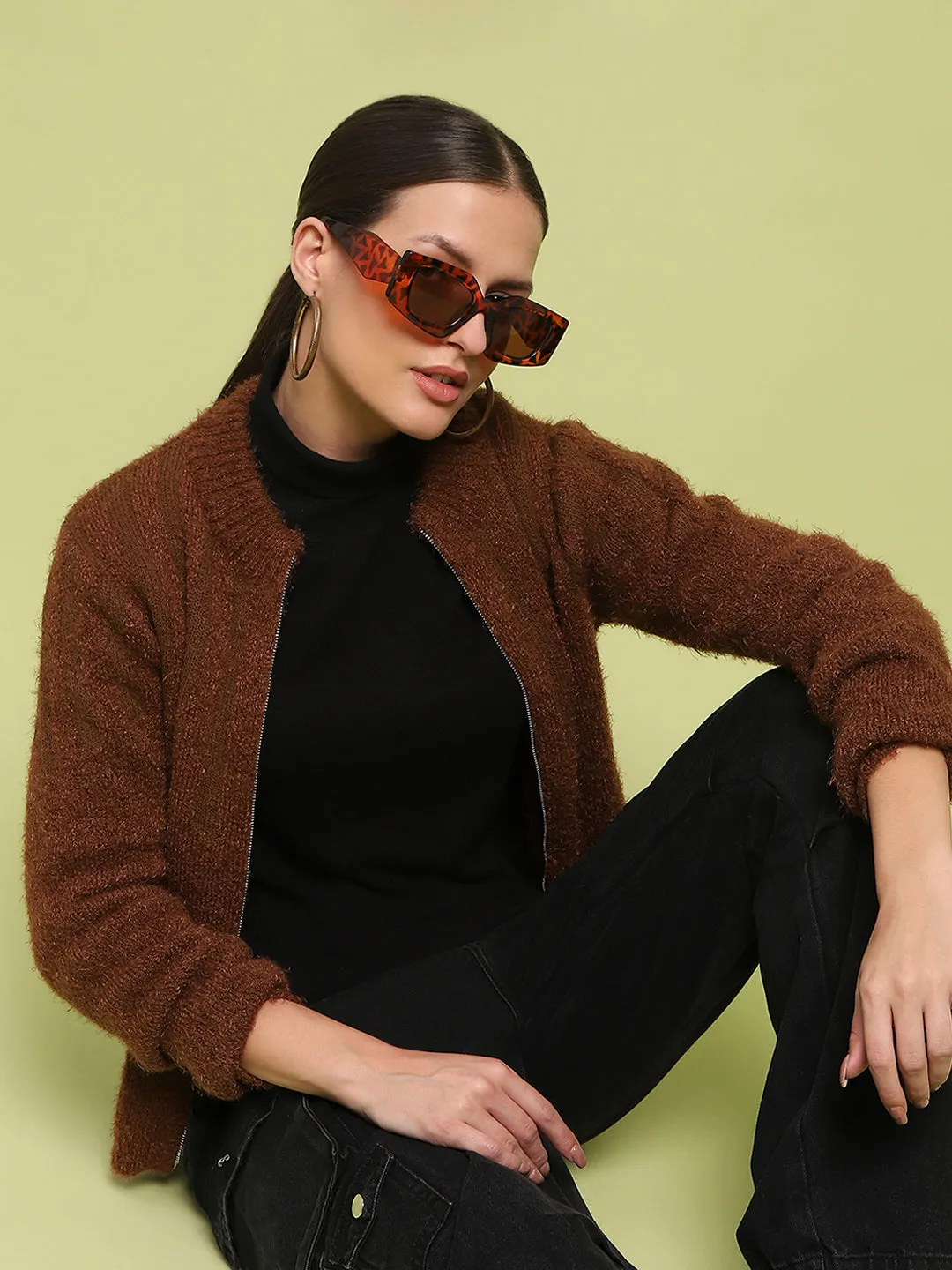 Madame Stripe Detailed Zipped Tan Sweater Reinforced Shoulder Seams Ultra Soft Merino Blend