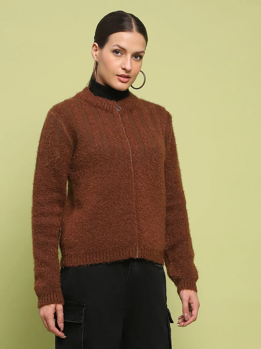 Stretch Waist Madame Stripe Detailed Zipped Tan Sweater