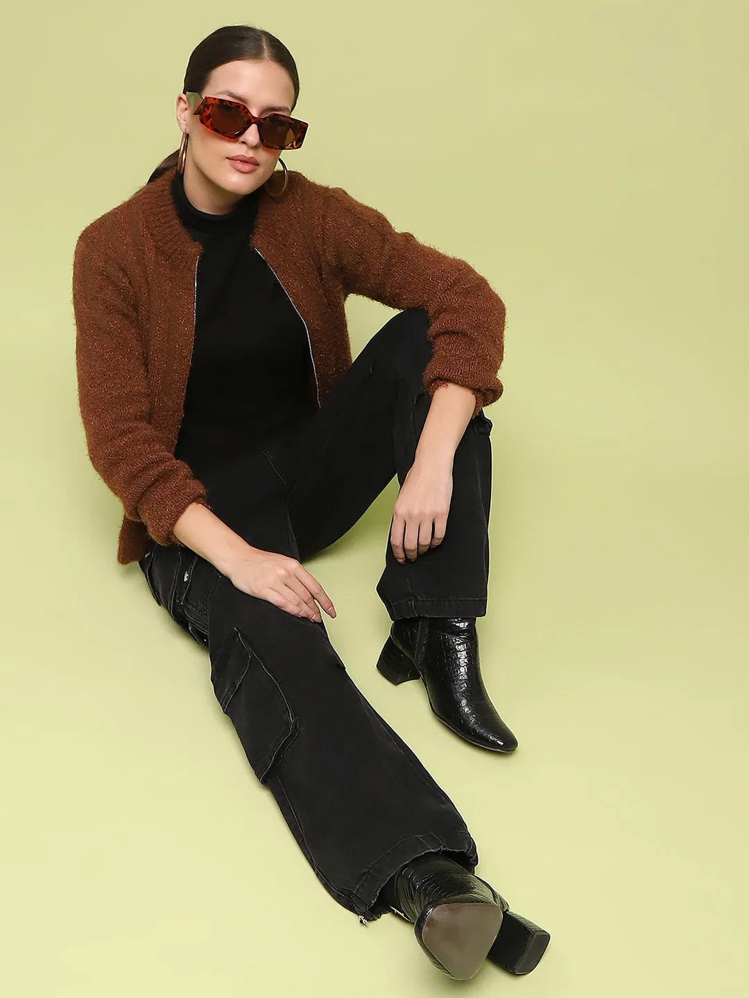 Madame Stripe Detailed Zipped Tan Sweater Easy Layering Relaxed Fit