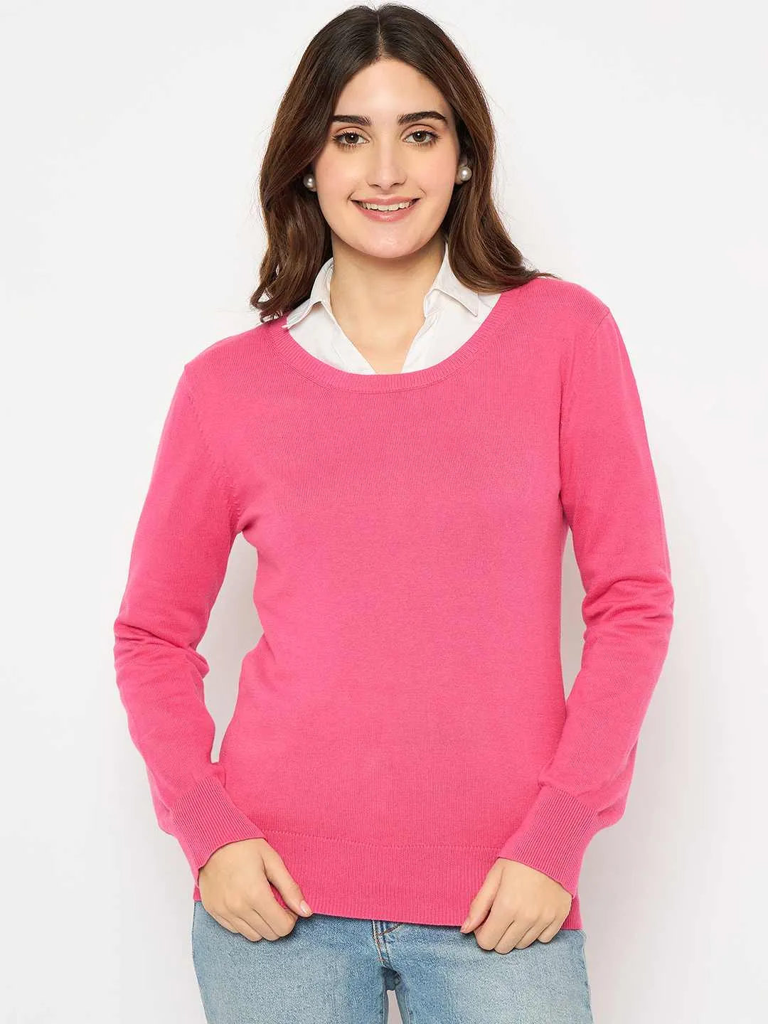 Cozy Apparel Perfect Design Madame Round Neck Ribbed Cuff Coral Sweater