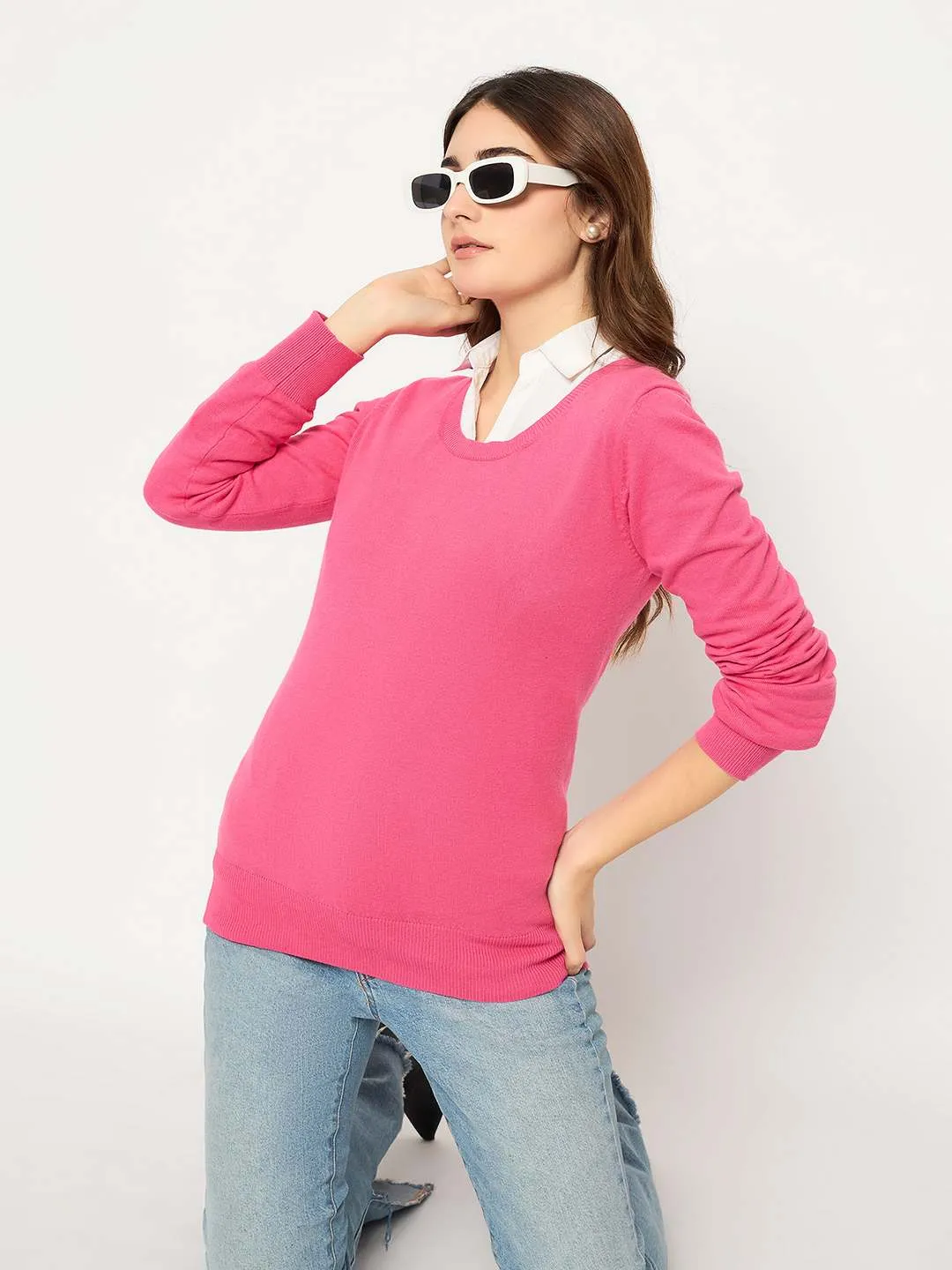 Soft and Stylish Madame Round Neck Ribbed Cuff Coral Sweater