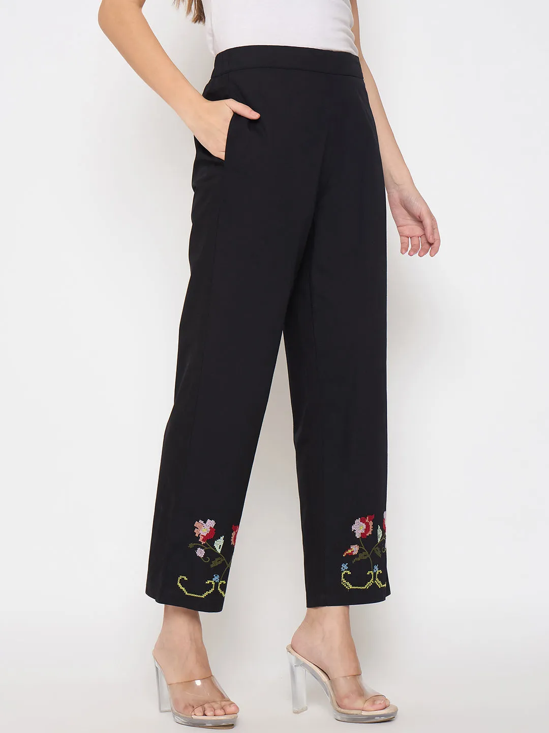 Comfy Movement Madame Floral Embroidery Wide Leg Black Cotton Trousers