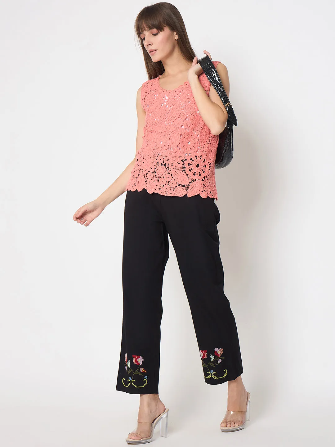 Madame Floral Embroidery Wide Leg Black Cotton Trousers Agile Fit