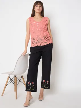 NoBuckleDesign FadeResistant Madame Floral Embroidery Wide Leg Black Cotton Trousers