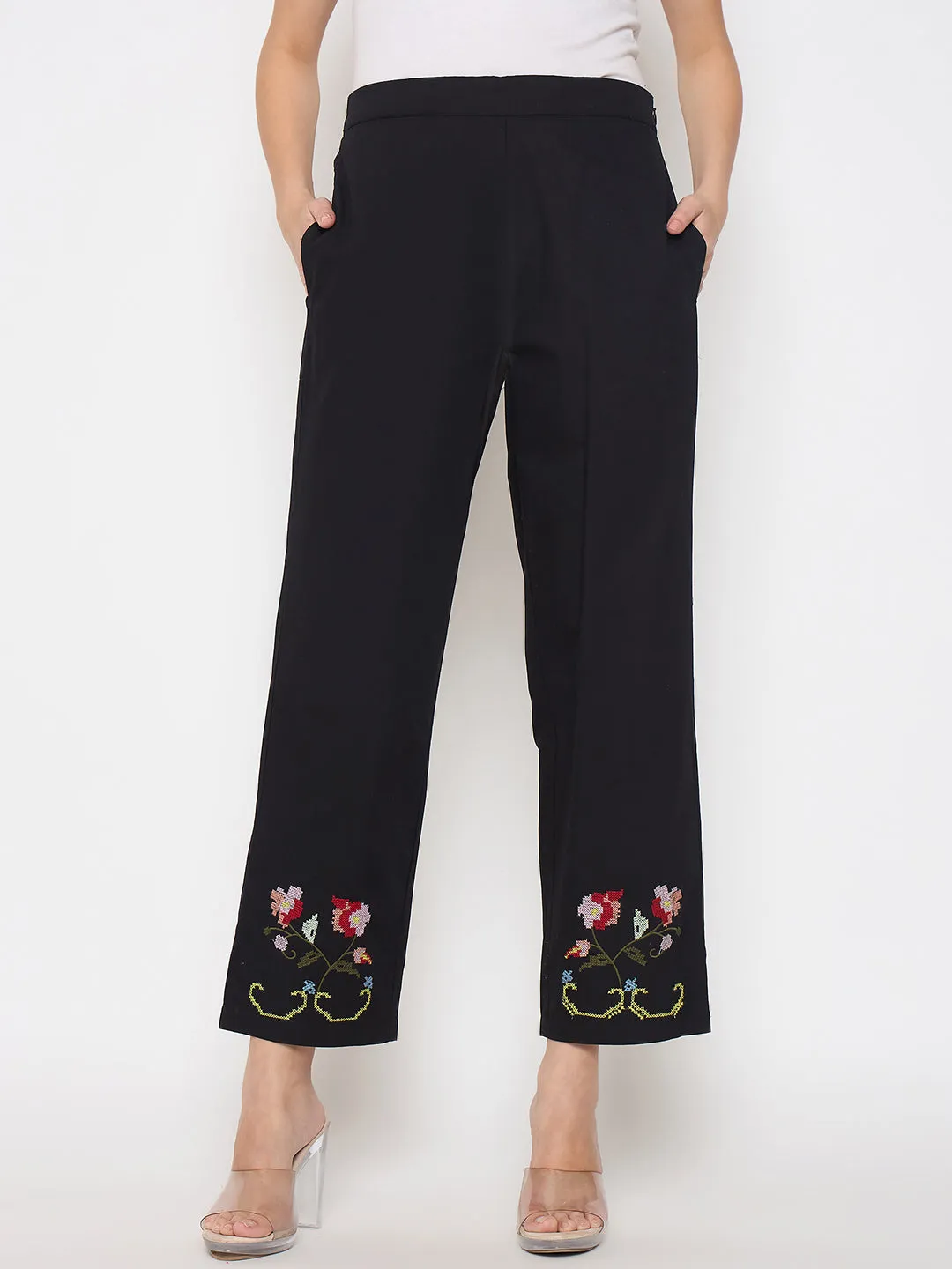 Madame Floral Embroidery Wide Leg Black Cotton Trousers Practical Wear Metallic accents