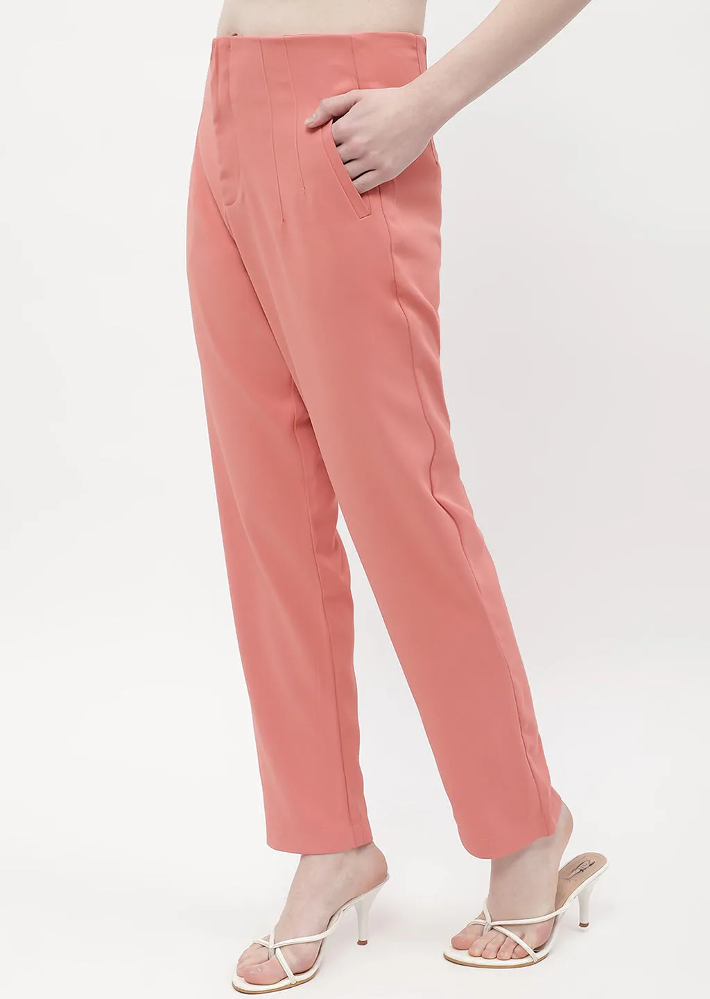 Madame Front Pleated Blush Orange Tapered Trousers sporty wear Low Profile Waistband