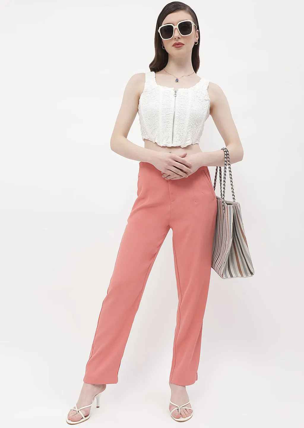 Madame Front Pleated Blush Orange Tapered Trousers High Rise Comfortable Fit Look