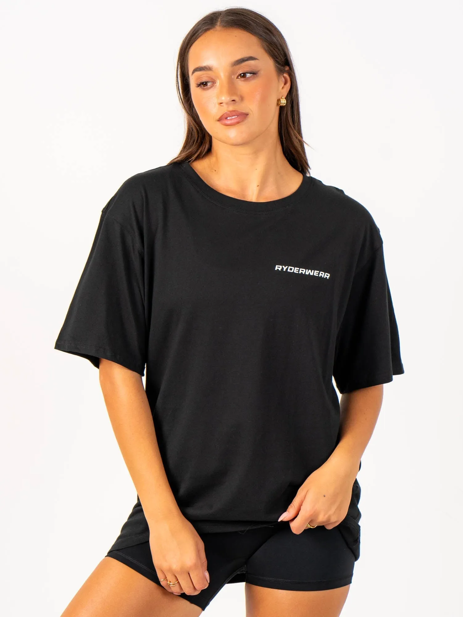 Flexible Cuff Design Energy Oversized T-Shirt - Black