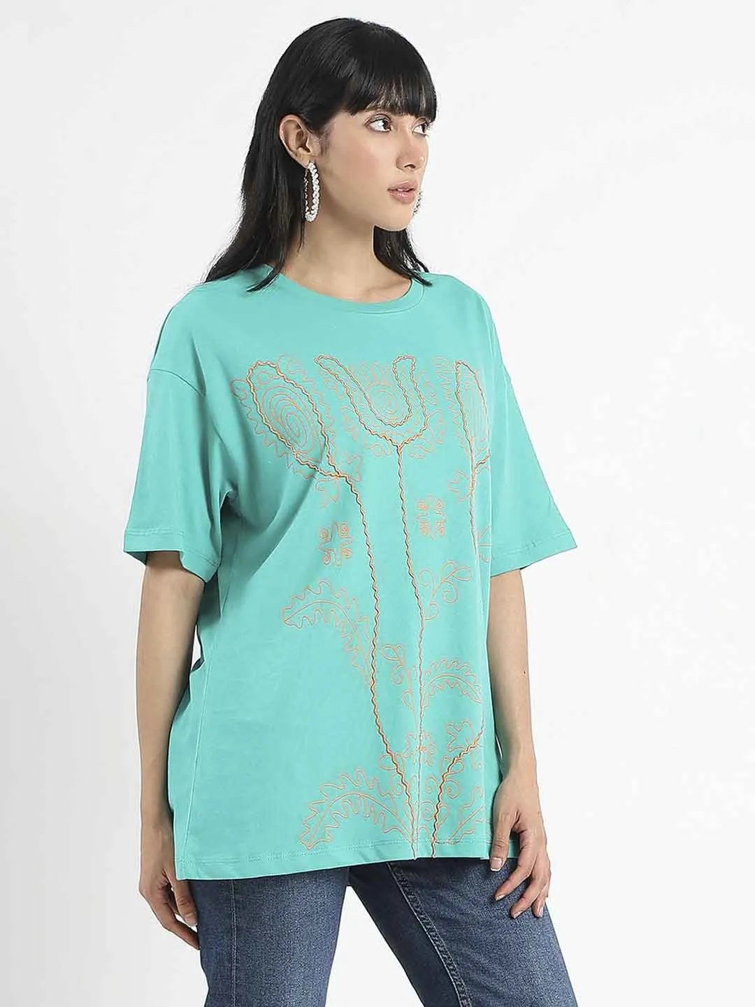 Comfortable Layers SeamlessConstruction Madame Graphic Print Half Sleeve Peacock Green Cotton T-Shirt