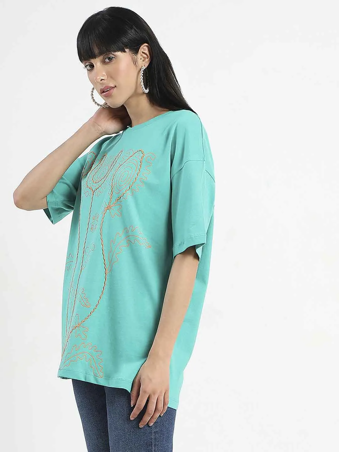 Madame Graphic Print Half Sleeve Peacock Green Cotton T-Shirt Beach Outfit Chic Vibe