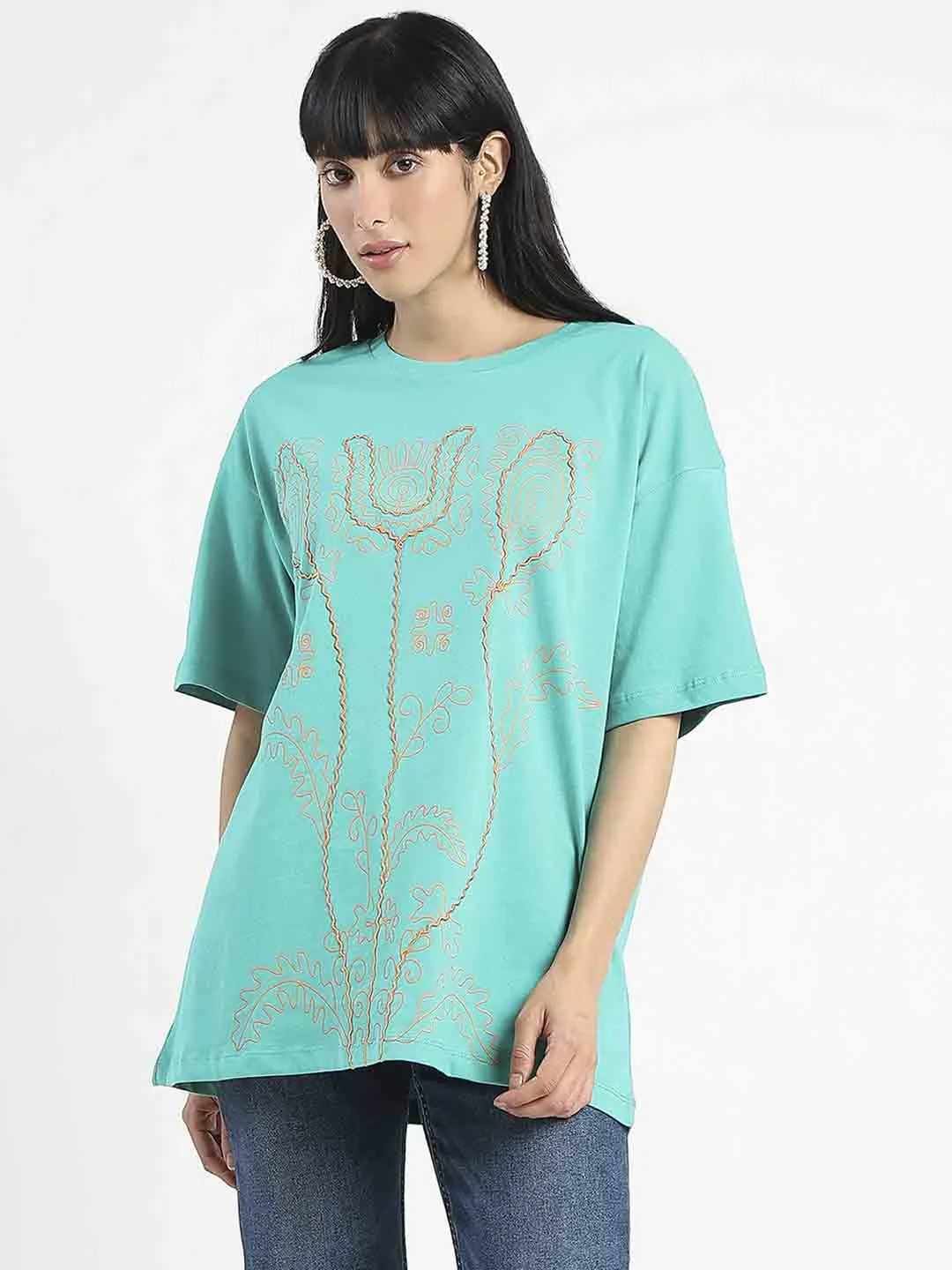 Madame Graphic Print Half Sleeve Peacock Green Cotton T-Shirt Soft and Lightweight