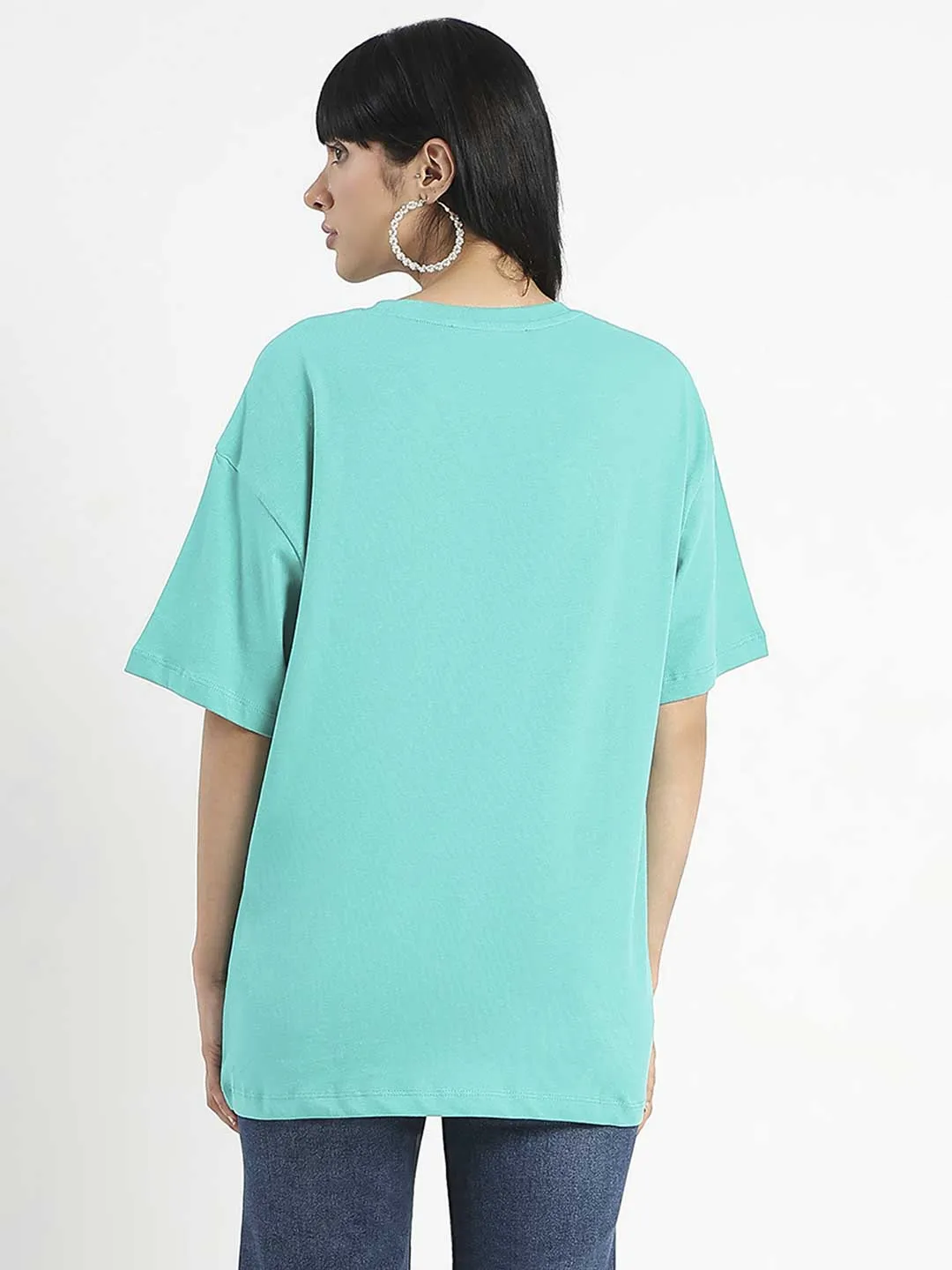 Madame Graphic Print Half Sleeve Peacock Green Cotton T-Shirt Relaxing Day