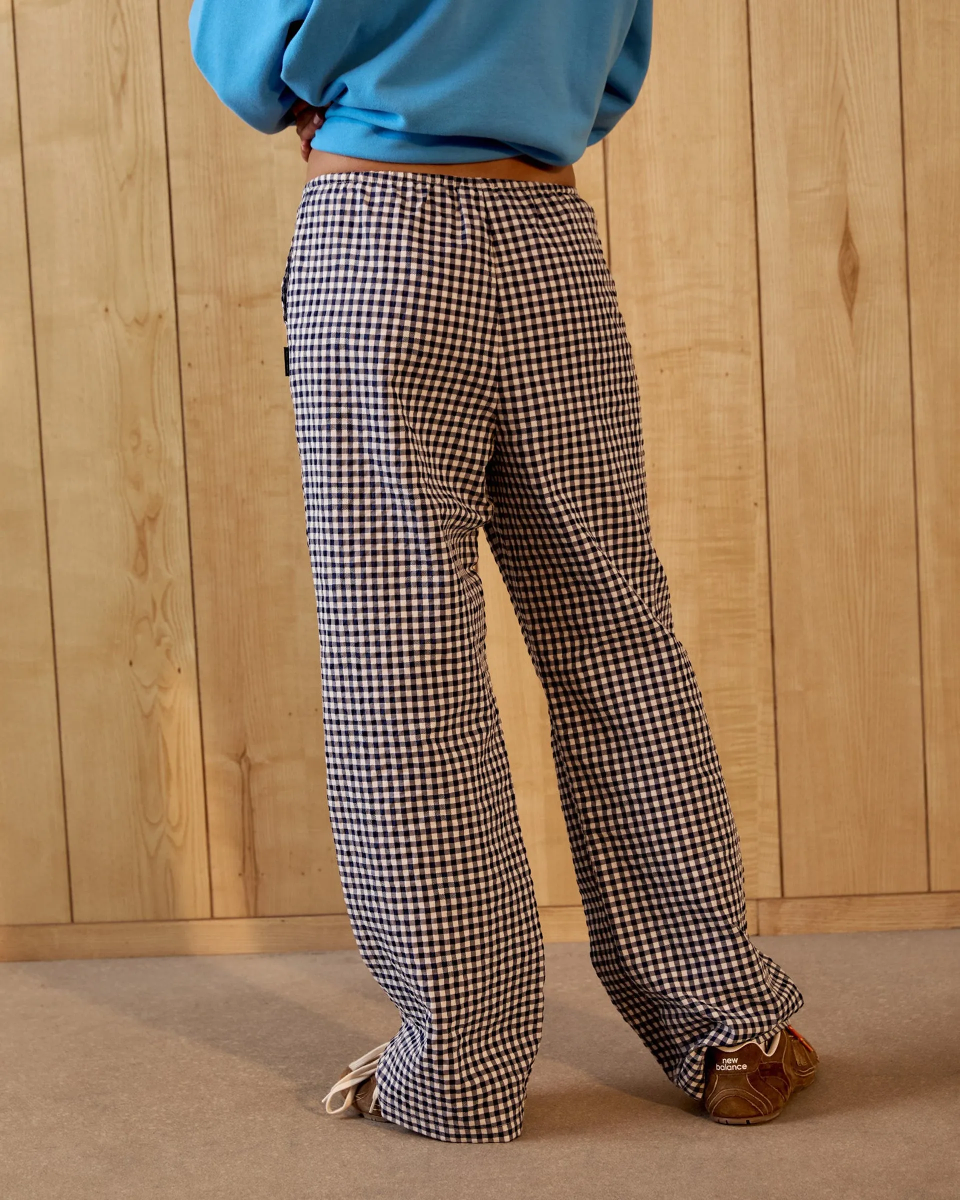 Quality Fabric Gingham Drawstring Pants - Navy Blue/White