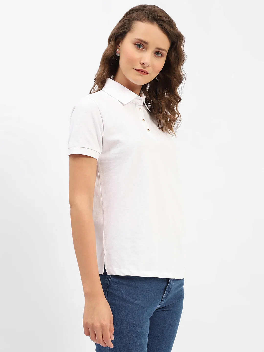 Slim fit clothing Comfy Essentials Madame White Polo Neck Solid Cotton T-Shirt