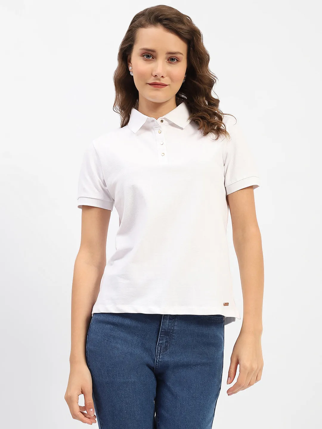 Madame White Polo Neck Solid Cotton T-Shirt Breathable Essentials