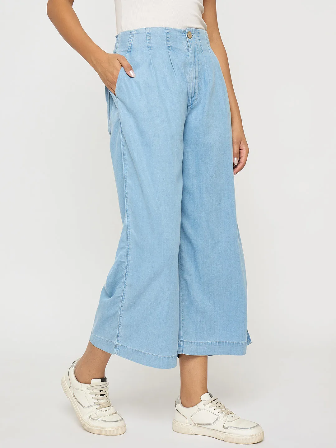 Madame Pintuck Detailed Cotton Blend Light Blue Wide Leg Jeans Workwear Ready Elegant Adult Fashion