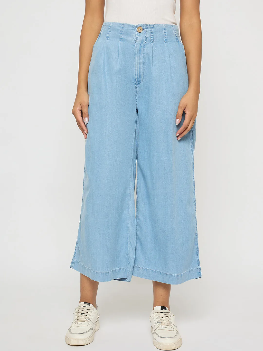 Madame Pintuck Detailed Cotton Blend Light Blue Wide Leg Jeans Weather Friendly