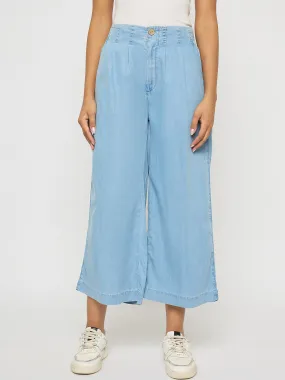 Madame Pintuck Detailed Cotton Blend Light Blue Wide Leg Jeans Weather Friendly
