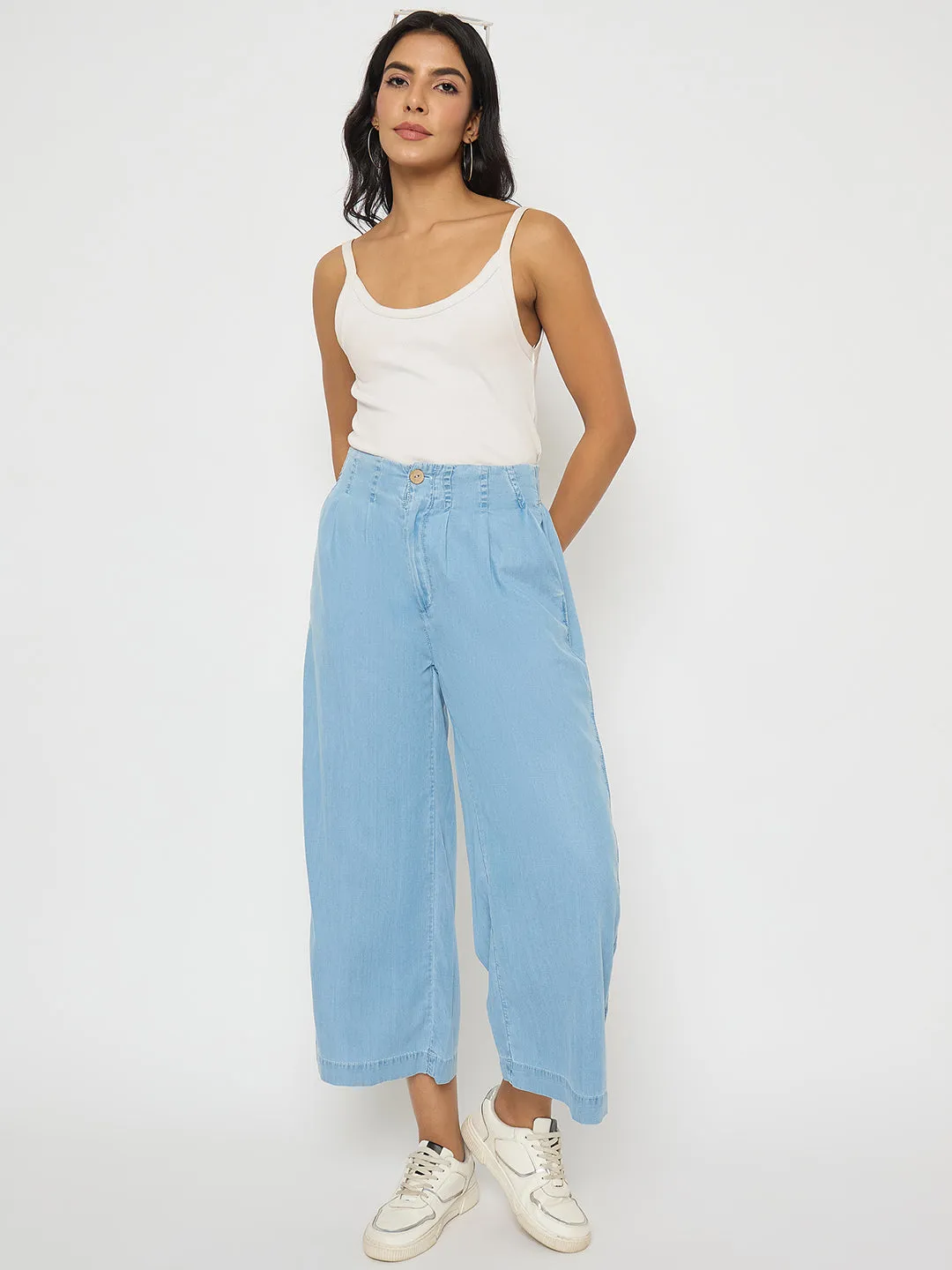 Outfit Vibe Fit For Daily Madame Pintuck Detailed Cotton Blend Light Blue Wide Leg Jeans