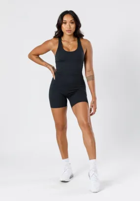 No Slip Waistband Wide Leg Silhouette FlexSweat Shortsuit Black