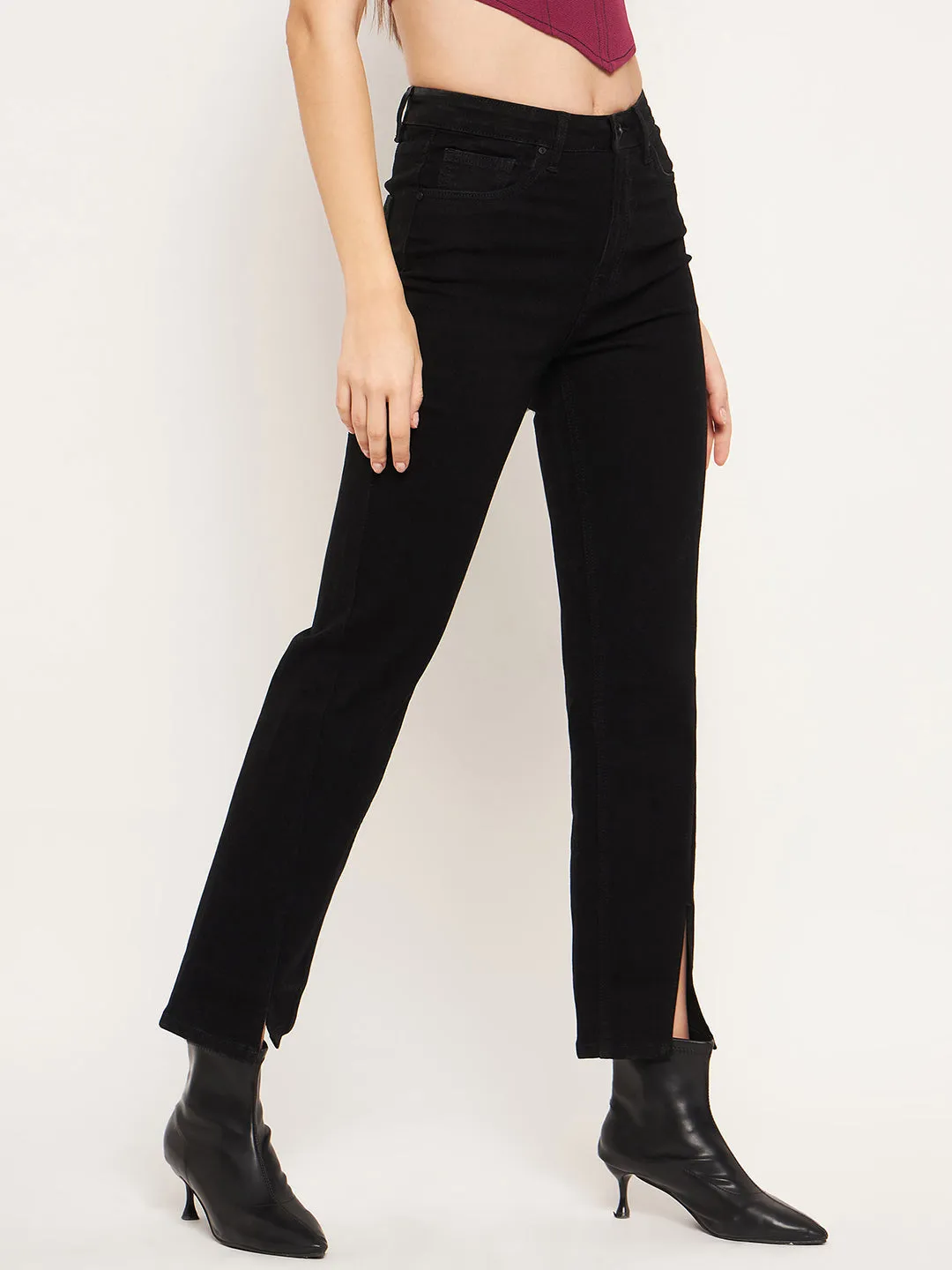 Madame Front Slit High-Rise Straight Black Jeans Outfit Staple