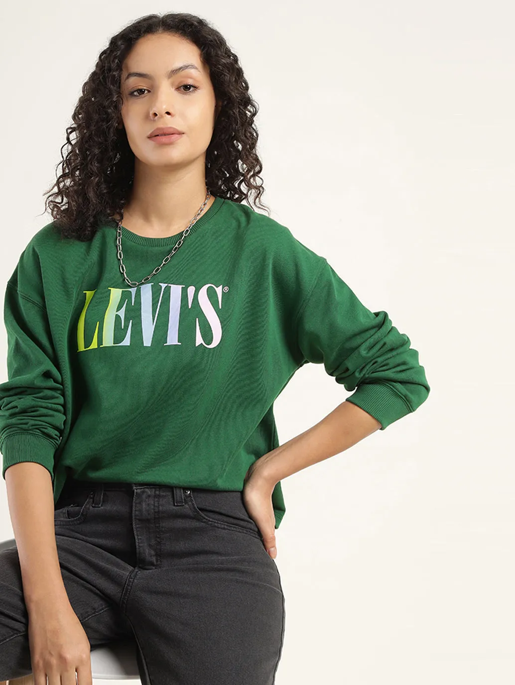 Women's Brand Logo Green Crew Neck Sweatshirt Chill Vibes