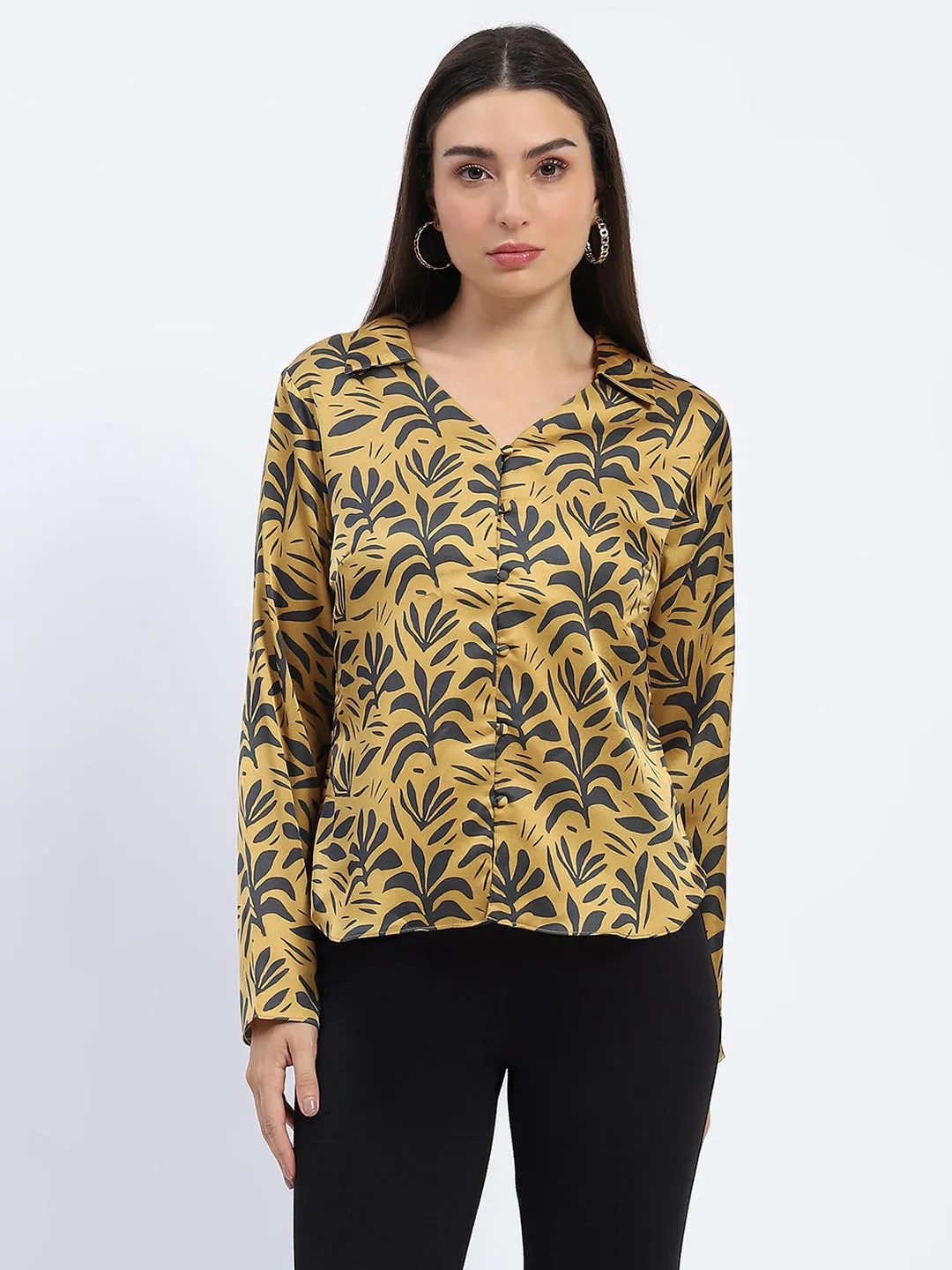 Chambray Fabric Flexible Shoulder Construction Madame Golden Leaf Print Shirt