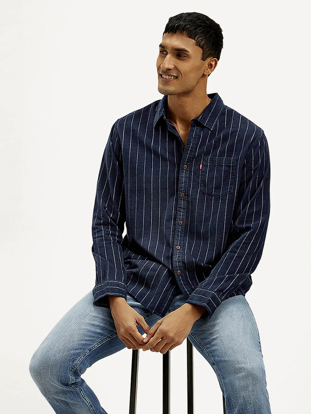 Men's Striped Slim Fit Corduroy Shirt Travel Friendly Double Needle Hemming