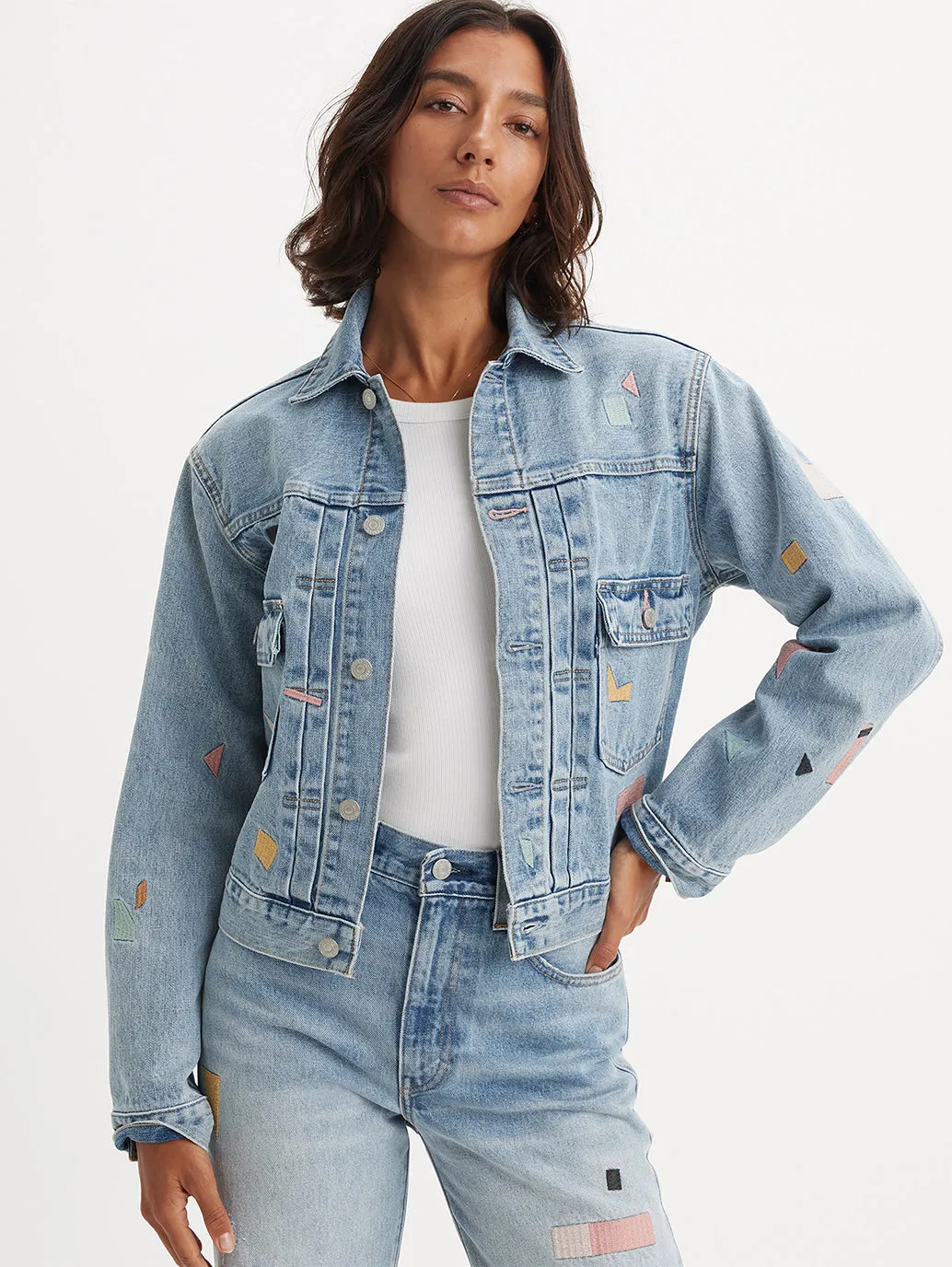 Women's Type II Trucker Denim Jacket City Walking Style FoldableStorageCapability