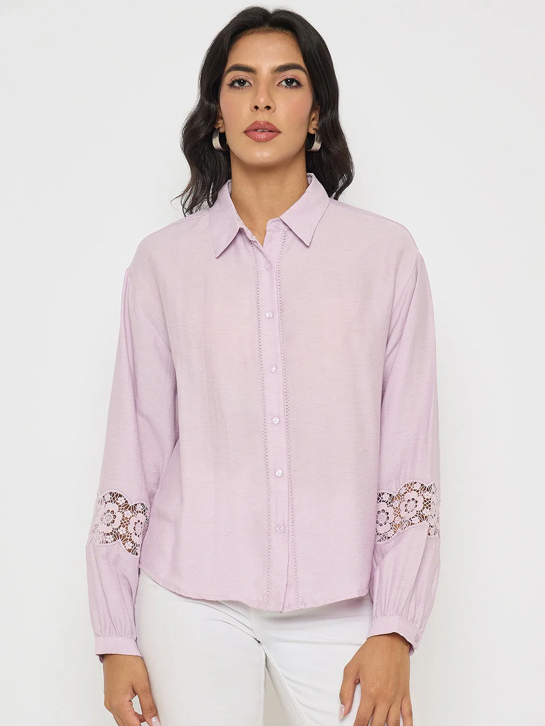 Quick Release Cuffs Madame Lace Detailed Lilac Nylon Blend Shirt