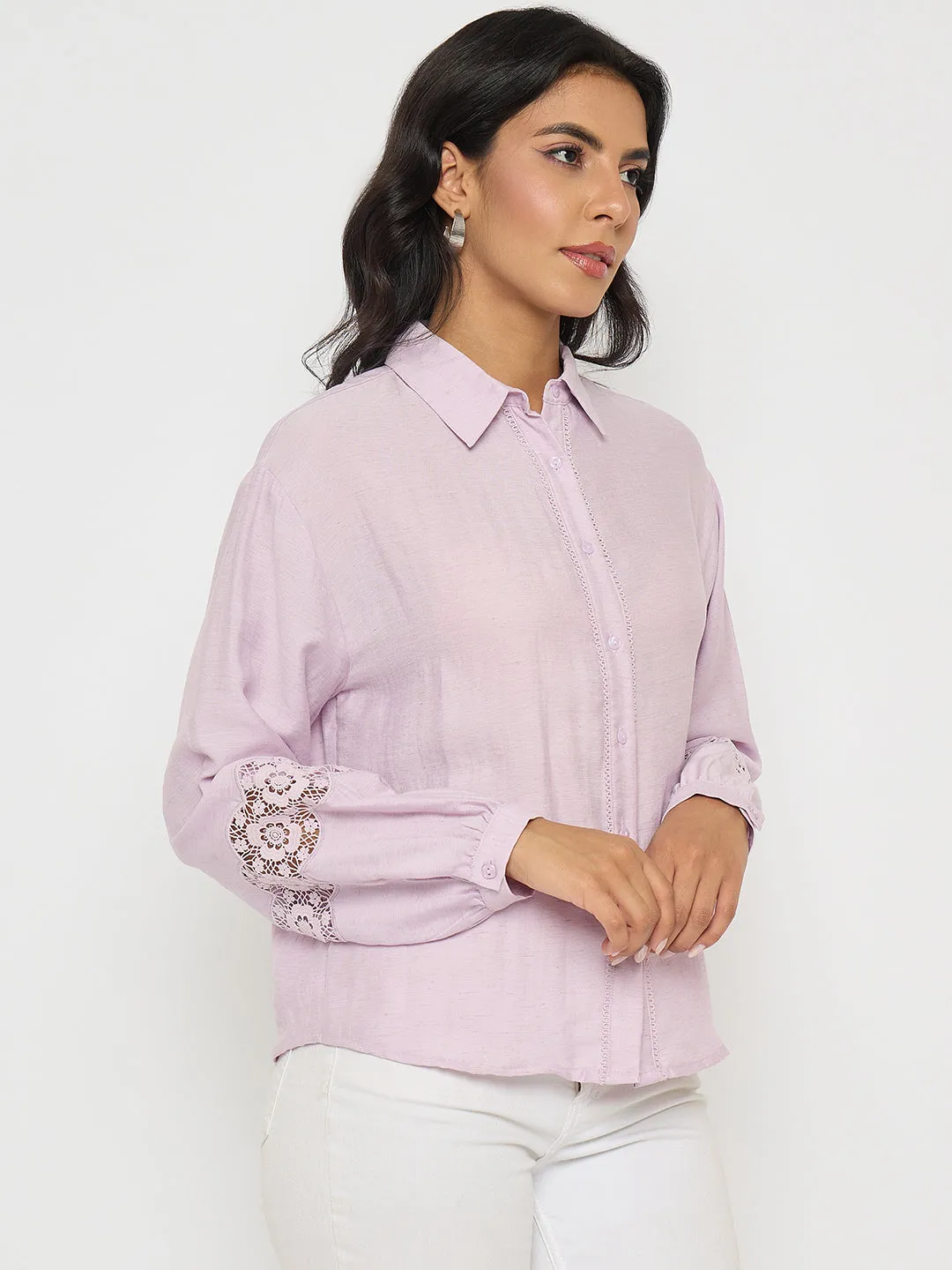 Madame Lace Detailed Lilac Nylon Blend Shirt Thermal Regulation Fabric Trendy Vibes