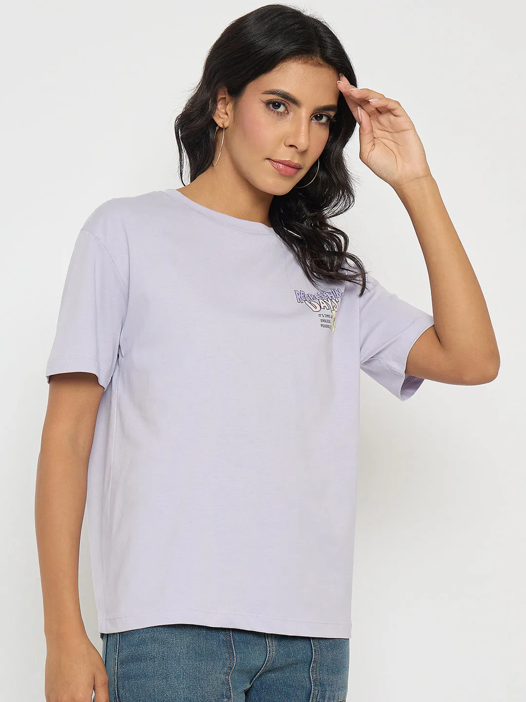 PreShrunkCotton Madame Graphic Print Adorned Lilac Cotton T-shirt