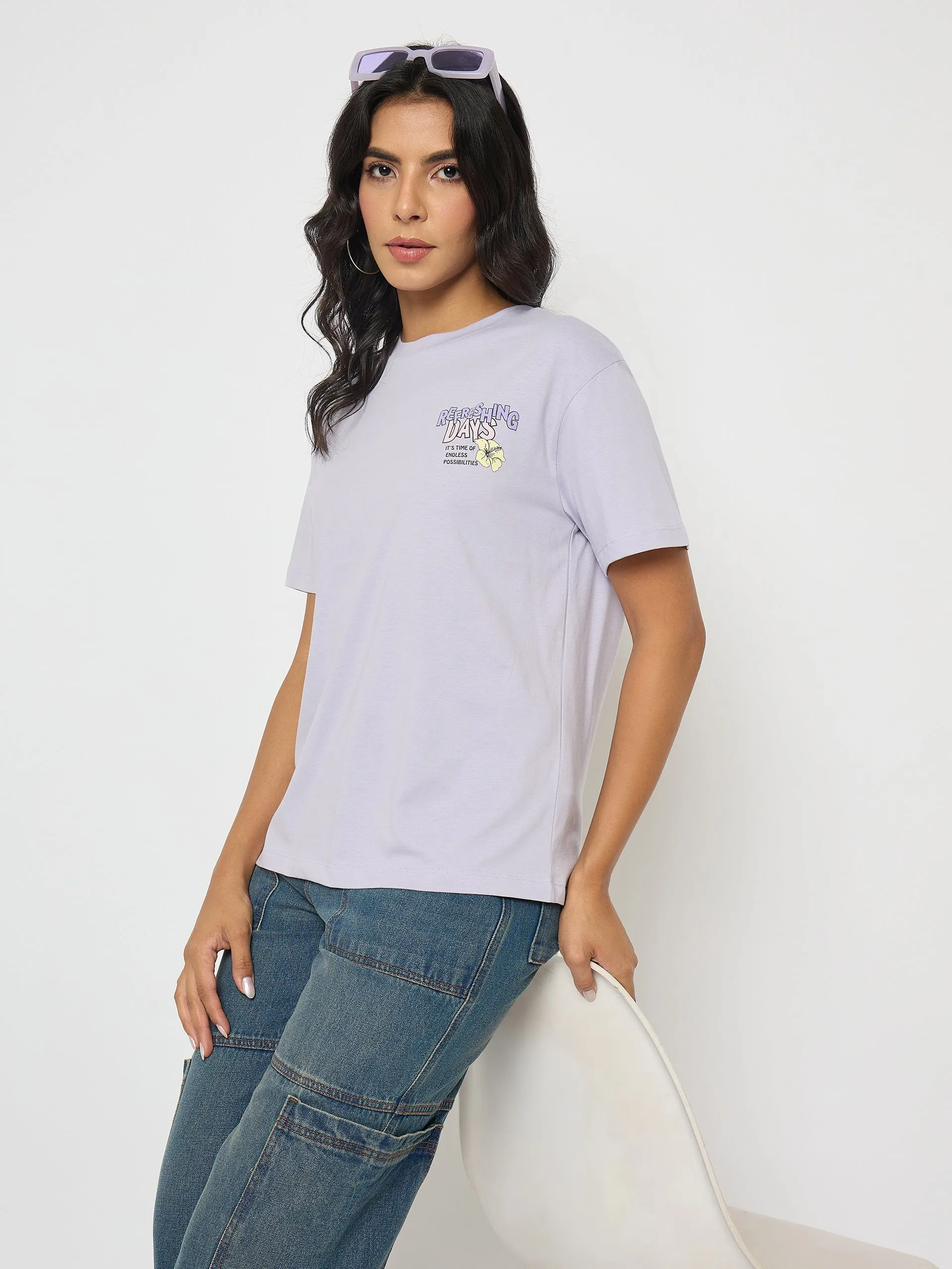 Sporty Stretch Fit Comfort Design Fit Madame Graphic Print Adorned Lilac Cotton T-shirt