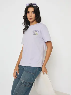 Sporty Stretch Fit Comfort Design Fit Madame Graphic Print Adorned Lilac Cotton T-shirt