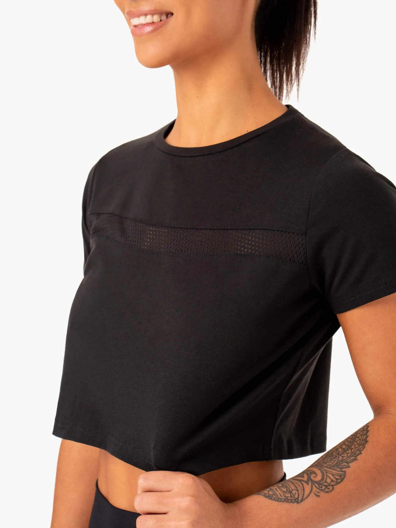 Hybrid Mesh Tee - Black No Slip Shoulder Design Relaxing Day