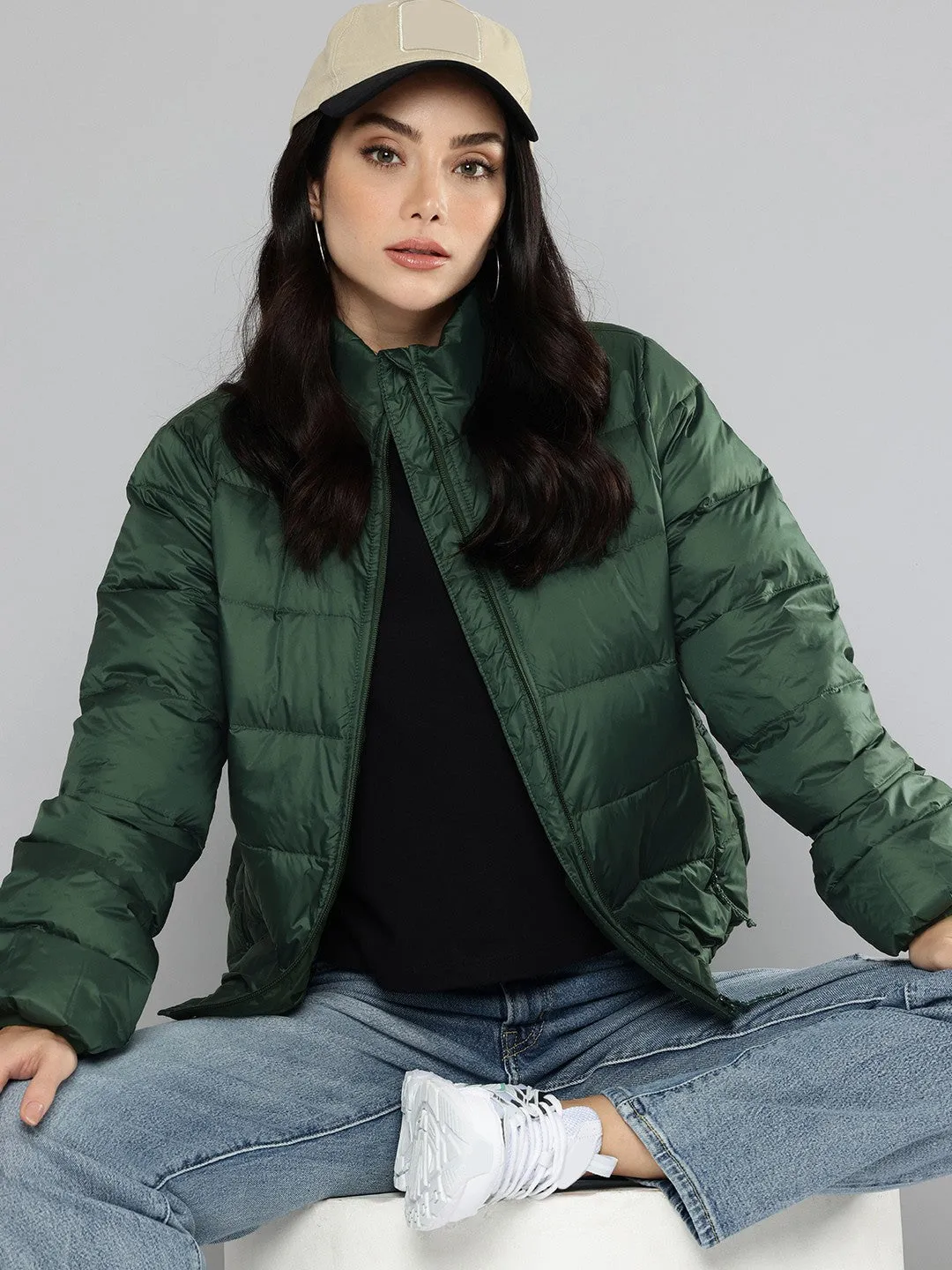Women's Solid Green Jacket Modern Utility Classic Fit