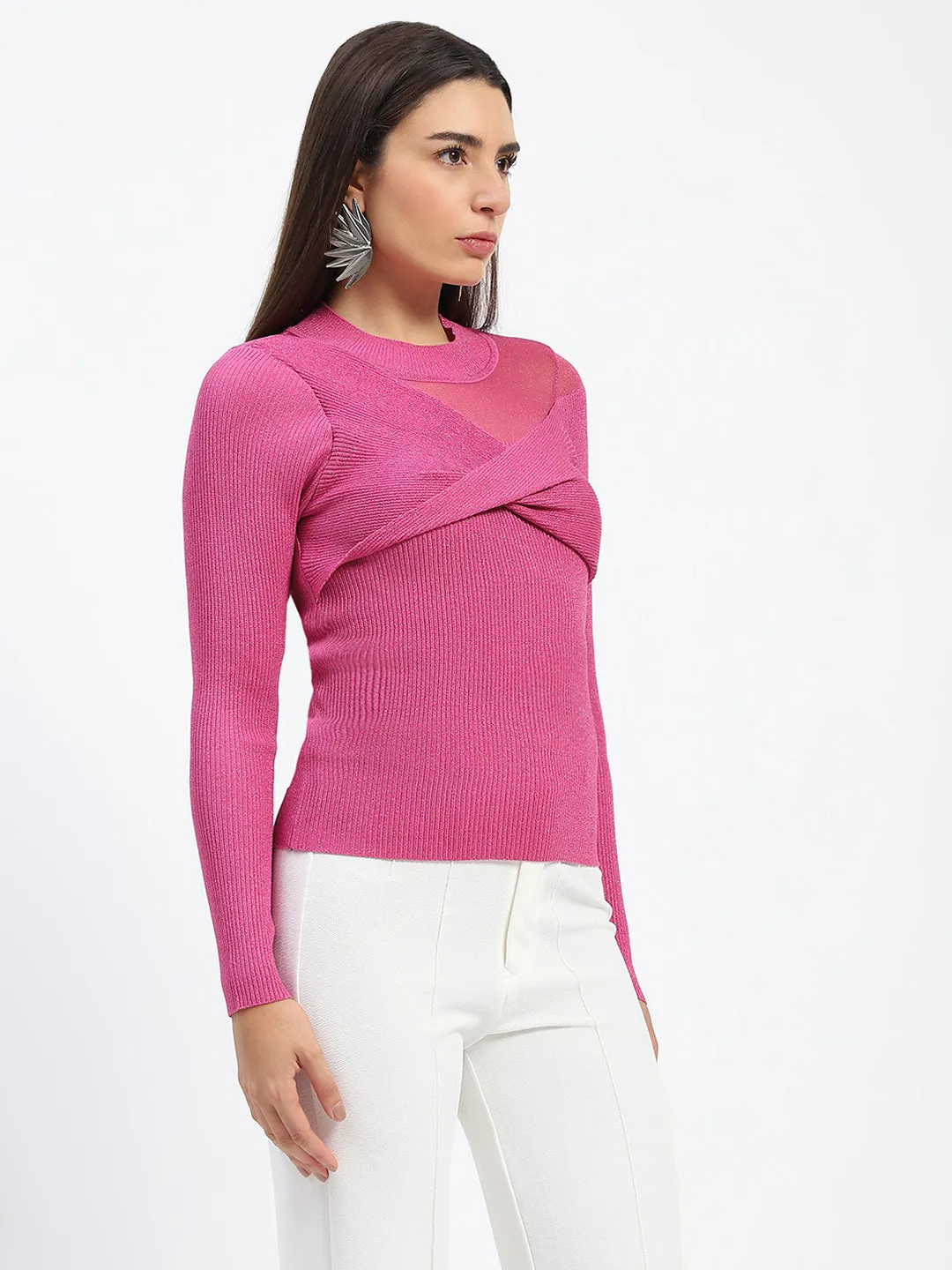 Madame Shimmery Mock Neck Wrap Hot Pink Sweater Non Restrictive Armhole