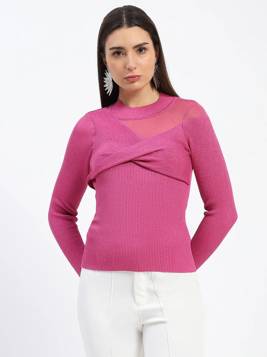 Friction Resistant Edging Layered Knitwear Madame Shimmery Mock Neck Wrap Hot Pink Sweater