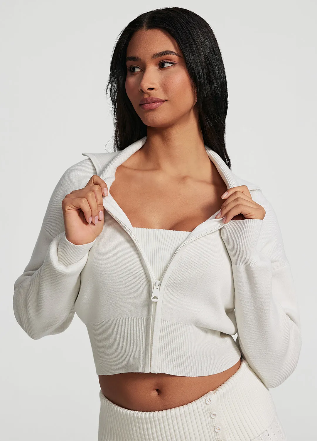 BreathableLining Knit Cropped Zip-Up Jacket