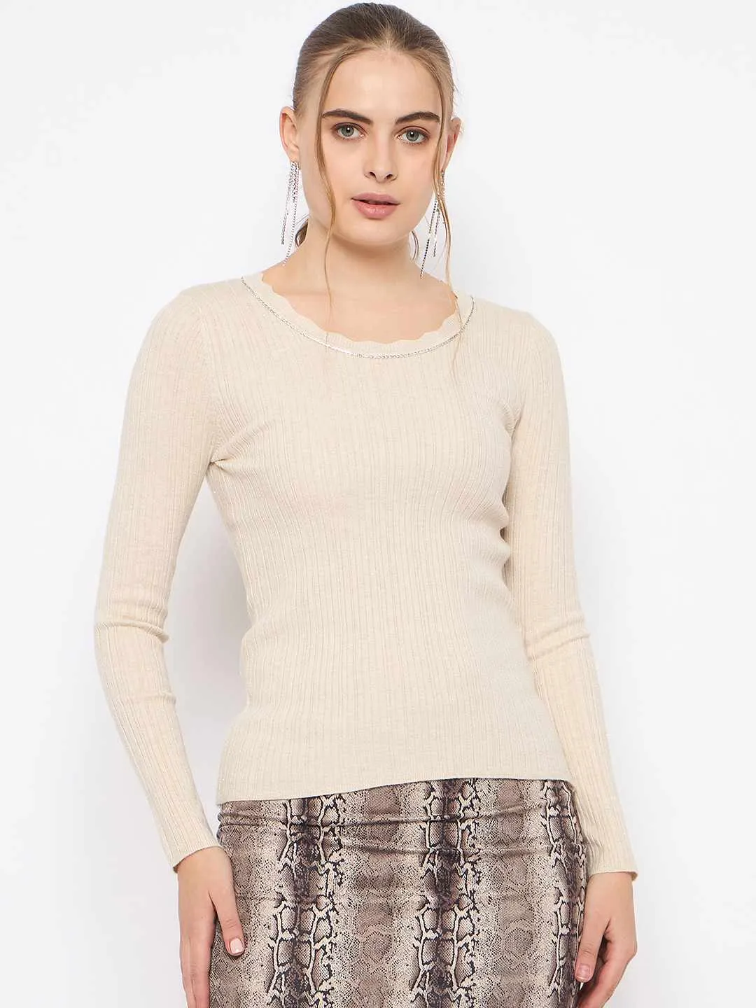 Madame Scalloped Neck Solid Beige Sweater Chilly Weather Knit Comfy Knit Look