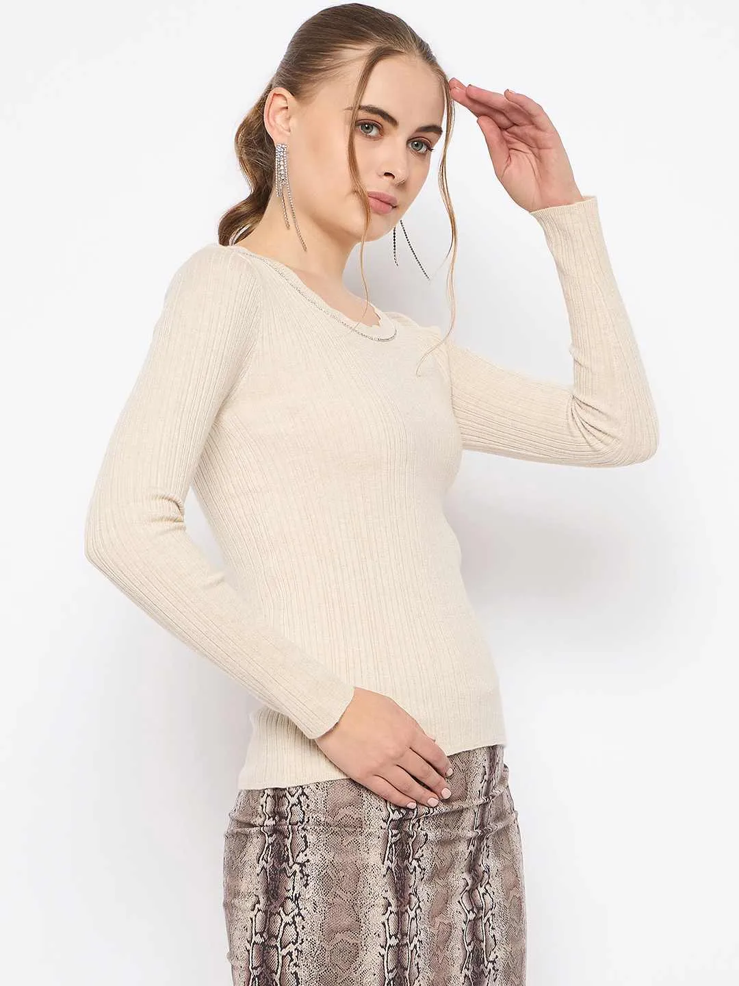 Cozy Thermal Madame Scalloped Neck Solid Beige Sweater