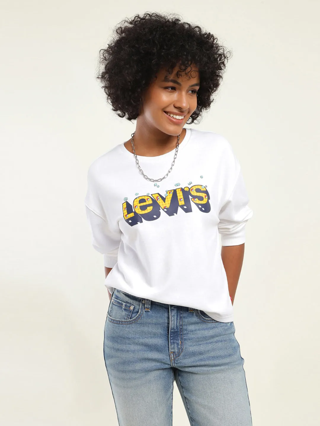 single layer Women's Brand Logo White Crew Neck Sweatshirt