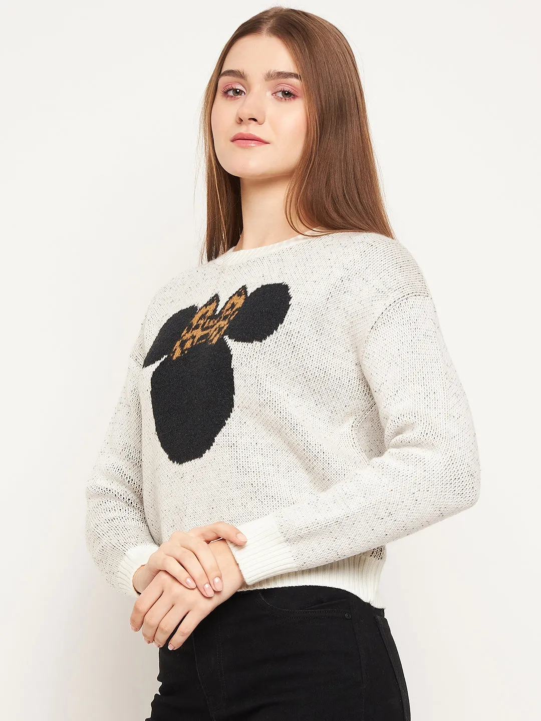 Warm and Fashionable Lattice Stitch Pattern Madame Women Solid Off White Sweater
