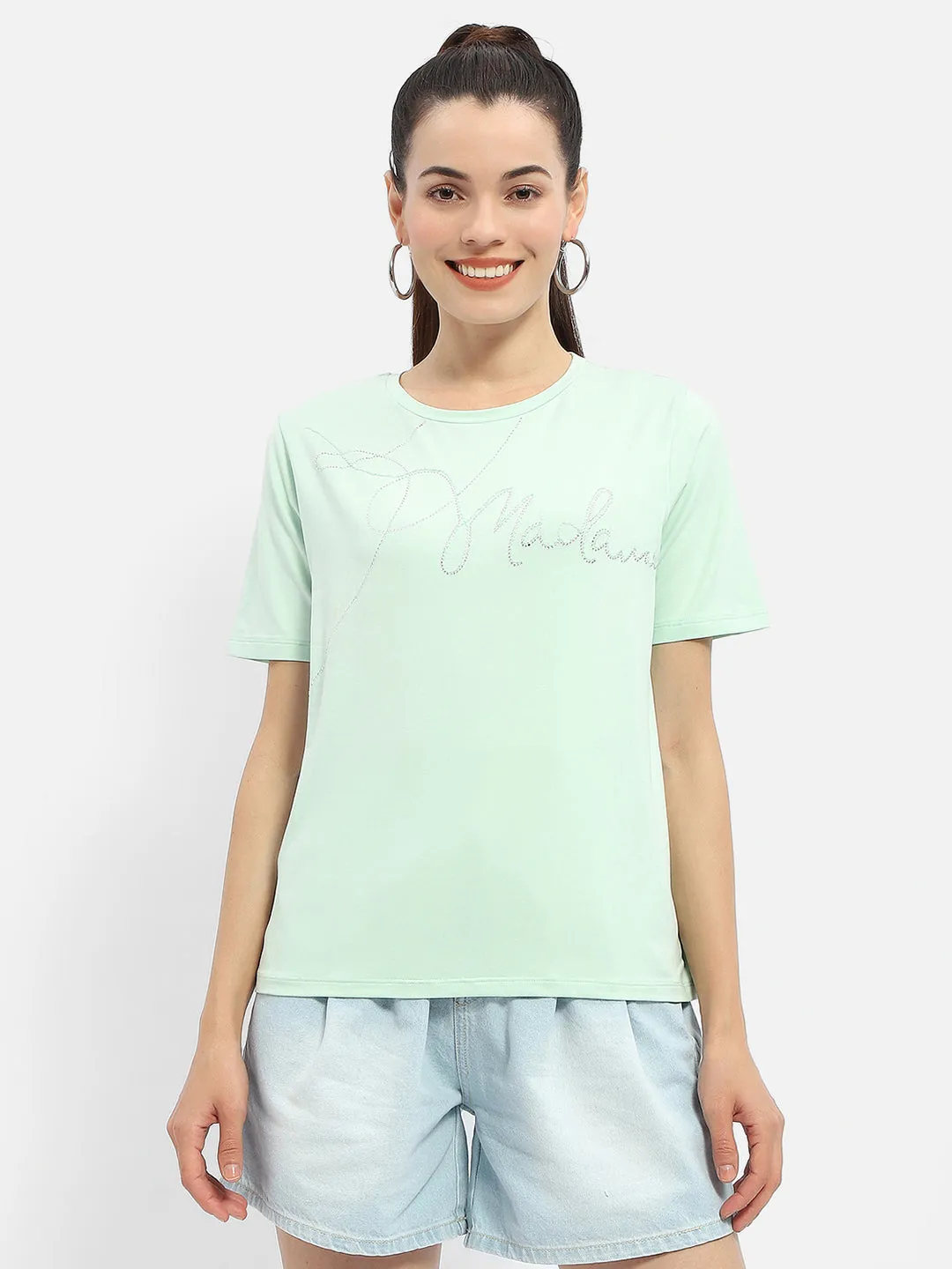 Madame Embellished Typography Mint Regular T-Shirt Slim fit clothing Comfortable Fit Wear