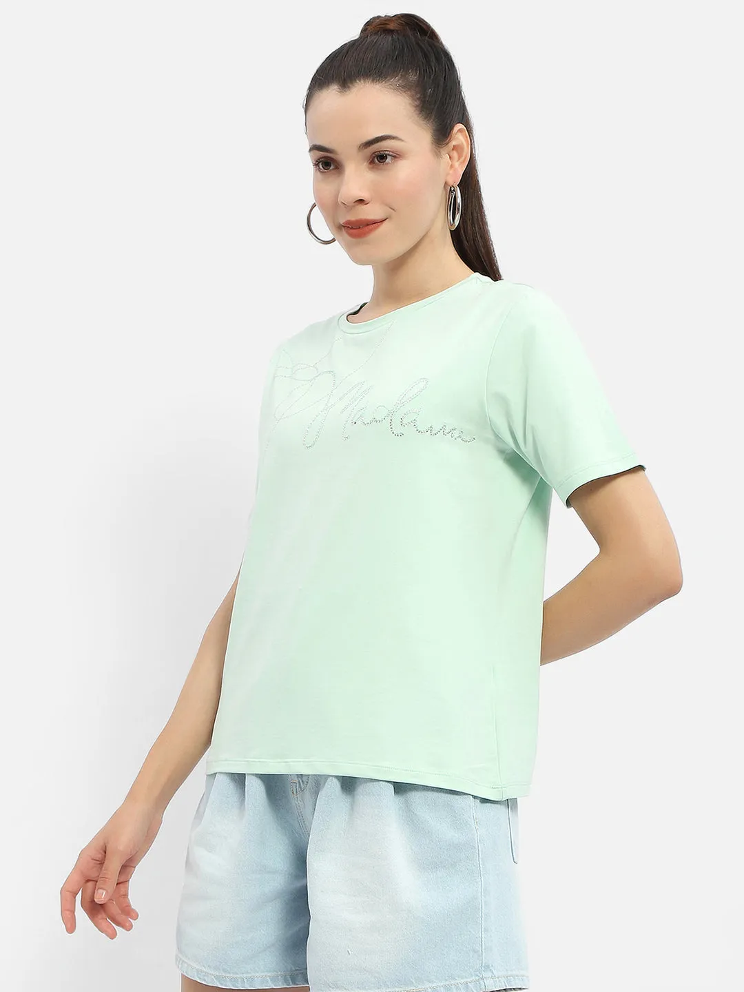 Soft and Light Seasonal Comfort Style Madame Embellished Typography Mint Regular T-Shirt