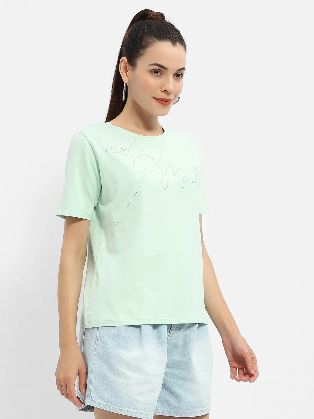 Seasonal Trend Non Shrink Material Madame Embellished Typography Mint Regular T-Shirt