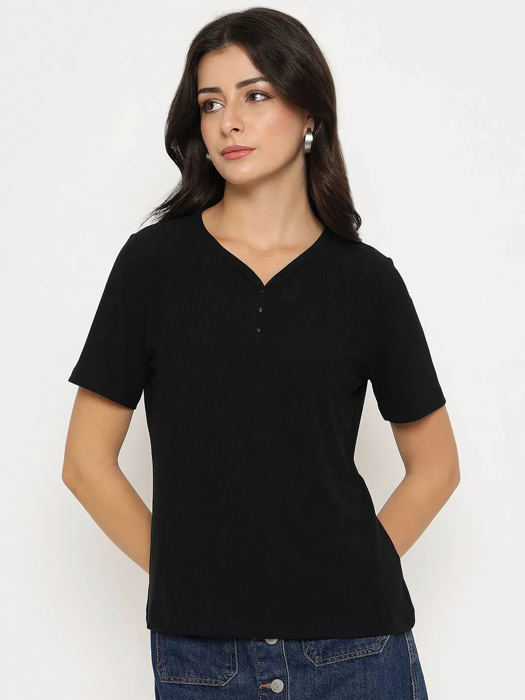 Casual Chic Look Madame Henley Neck Solid Black T-Shirt