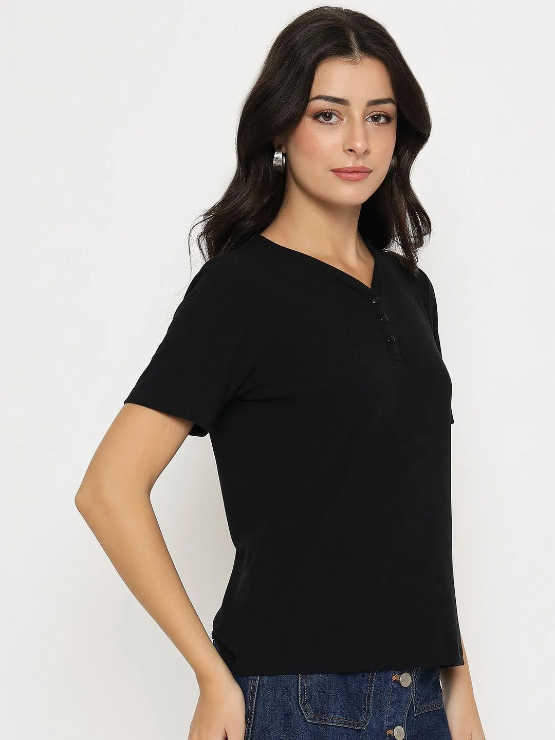 Essential Layer Versatile Trend Madame Henley Neck Solid Black T-Shirt